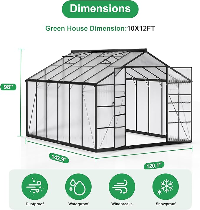 WKM 10x12 FT Greenhouse, Enhanced Aluminum Frame Greenhouses for Outdoors Withstands Strong Wind or Snow, Green House with Swing Door, Green Houses for Outside Garden Backyard, Black