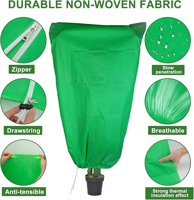 SPORTYOUTH 4 Pack Plant Covers Freeze Protection, 32" x 47.2" Winter Frost Blankets Cloth with Zipper Drawstring, 2.4 oz Reusable Jacket Cover Bags for Outdoor Plants Shrub Bush Tree Potted