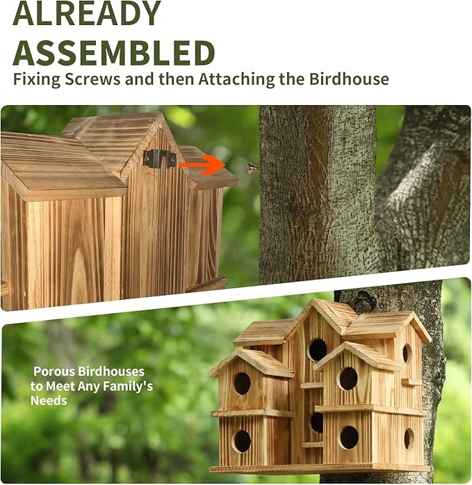 Bird Houses for Outside 10 Hole Bird House Room for 10 Bird Families Large Bird House for Garden/Courtyard/Backyard Decor Finch Bluebird Cardinals Handmade Hummingbird House
