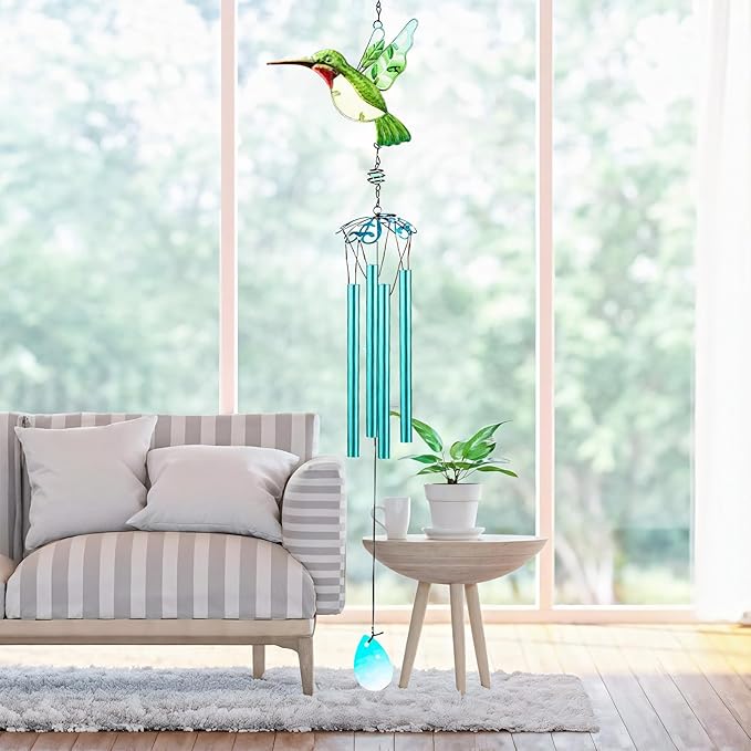 Green Hummingbird Wind Chimes, Wind Chimes for Outdoor, 26" Glass Painted Mobile Romantic Chimes, Patio, Balcony, Garden Decoration, Gifts for Mom & Women