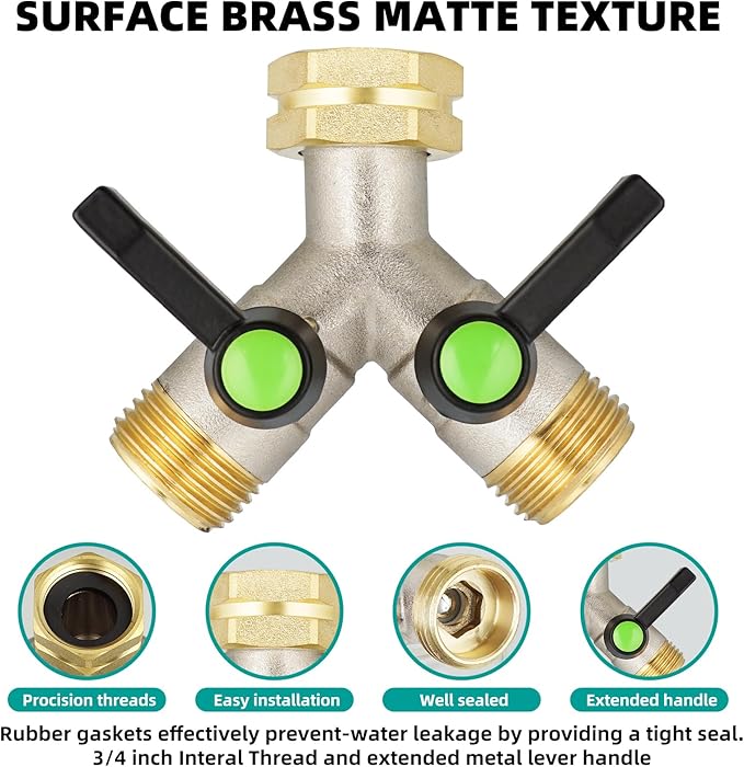 2 Way Hose Splitter, Brass High Flow Garden Hose Splitter Heavy Duty, Hose Connector, Water Spigot Splitter, Full Flow Faucet Splitter with shutoff, 3/4” GHT Inlet
