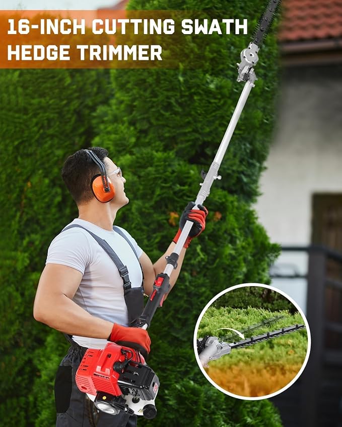 Powerful 52cc 5 in 1 Multi Functional Trimming Tools,Gas Hedge Trimmer,Weed Eater,String Trimmer, Brush Cutter,Pole Saw Chainsaw with Extension Pole, Rubber Handle & Shoulder Strap Included Red