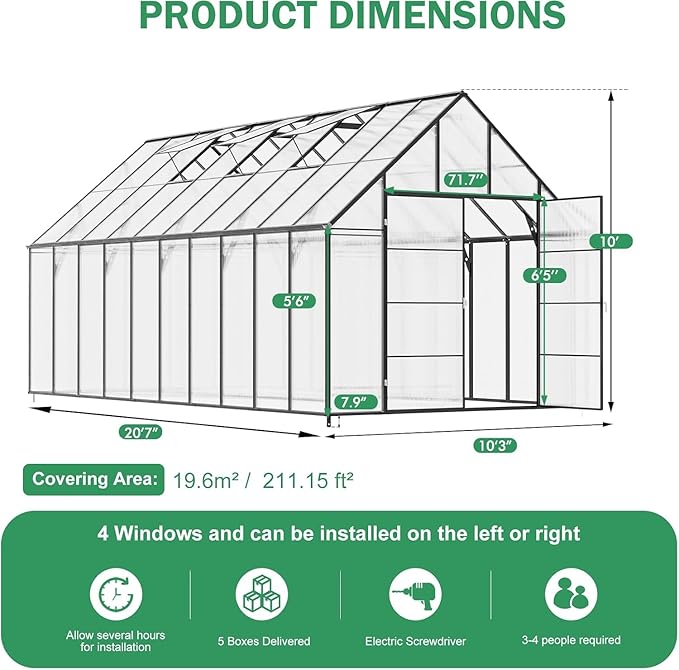 CDCASA 10x20 FT Greenhouse for Outdoors,Large Easy Assembly Large Polycarbonate Greenhouse Aluminum Greenhouses w/4 Vents Window, Swing Door Walk-in Green House for Ouside,Backyard,Garden, Black