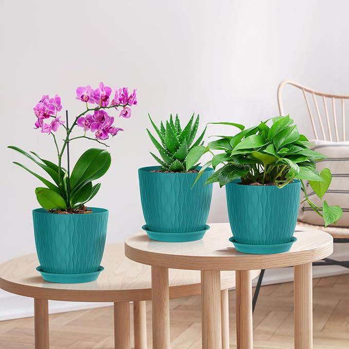 7 inch Flower Pots, 5 Pack Plant Pots with Drainage Holes and Saucers for Indoor Plants, Plastic Planters with Water Ripple for Small Garden House Plants, Nursery Pots for Succulent, Blue Green