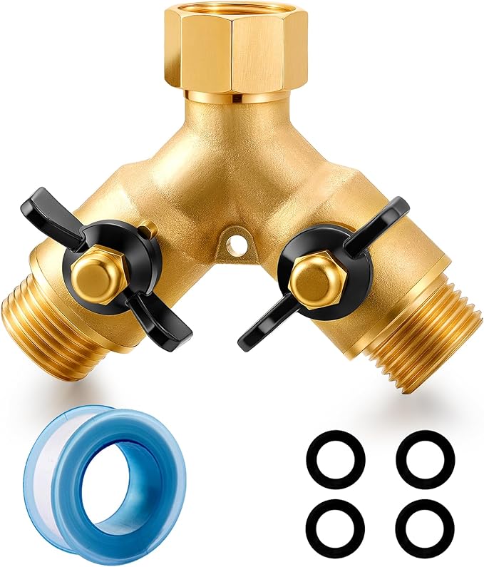 Garden Hose Splitter Full Flow Splitter No Restricted-Flow Connector Heavy Duty Brass Hose y Splitter, 2 way High Flow Hose Bib Adapter with Shut Off Valves (Butterfly Handle)
