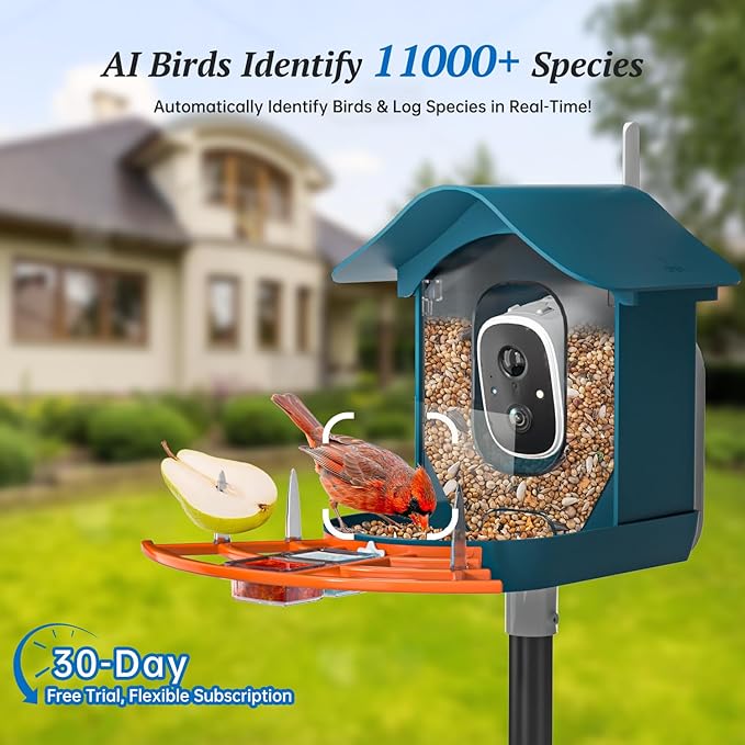 Smart Bird Feeder with Camera, 2K HD AI Identify Birds Species, Bird Watching Camera with Solar Panel, Auto Capture Bi rd Videos & Instant Notifications, Ideal Present for BirdLover