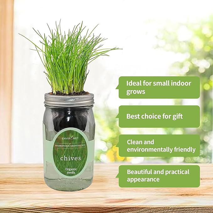 Hydroponic Herb Growing Kit, Self-Watering Mason Jar Herb Garden Starter Kit Indoor, Grow Your Own Herbs from Organic Seeds (Chives)