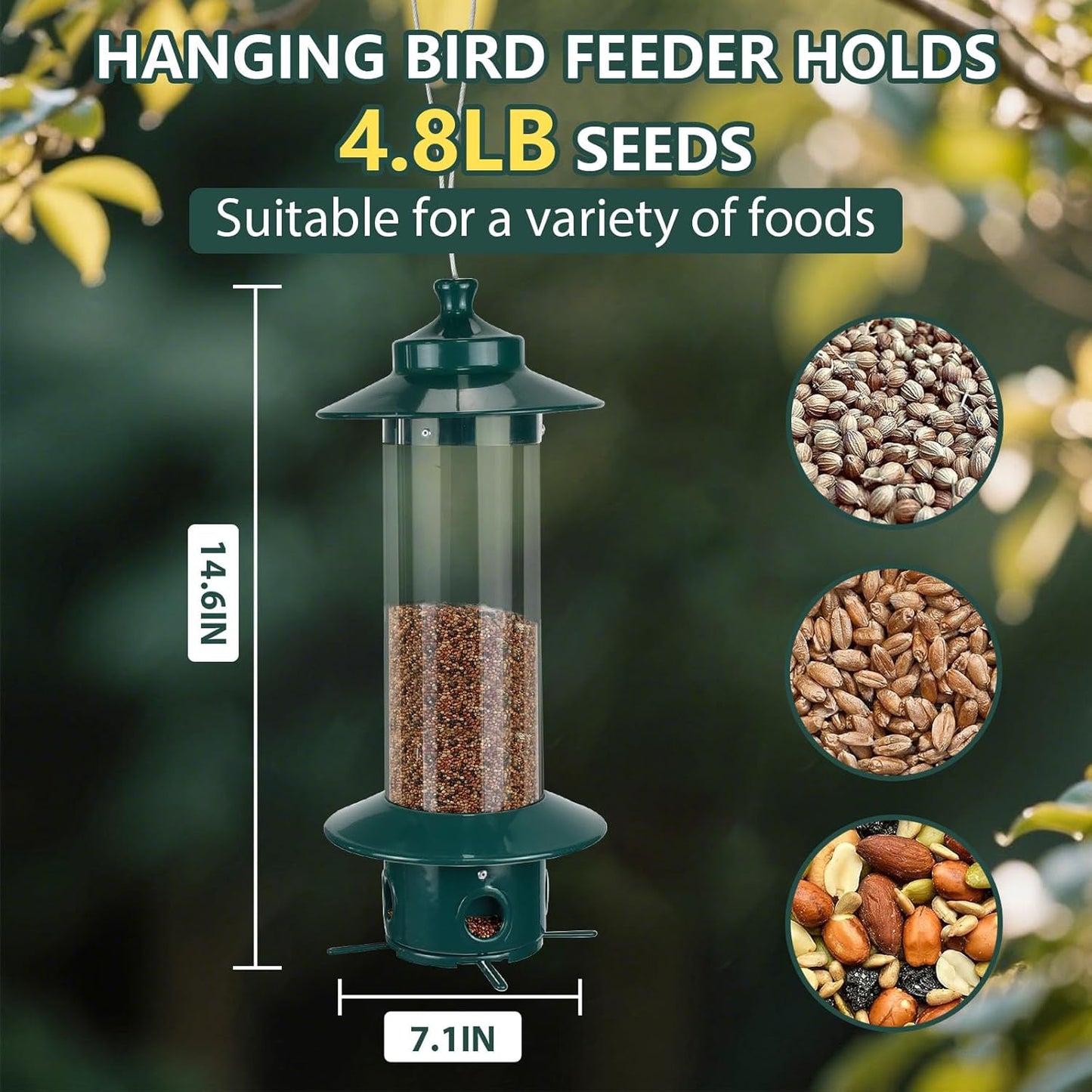 Hanging Bird Feeder for Outdoors, Squirrel Proof Bird Feeders for Outside with 4.8 Lb Capacity, 4 Ports Tube Metal Wild Bird Feeders for Garden Yard Decoration Viewing Cardinal, Weather-Resistant