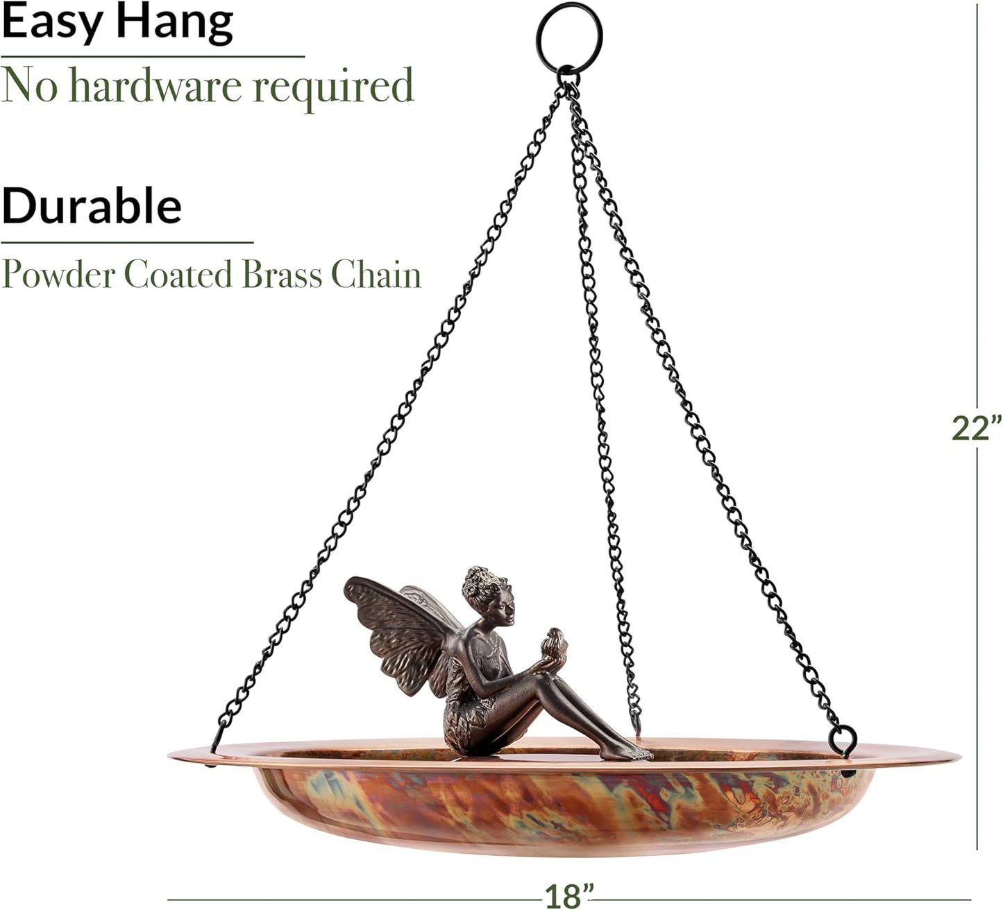 Good Directions Hanging Fired Copper Bird Bath with Fairy for Outside Backyard, Outdoor, Patio, Garden, Birdbath Gift for Bird Lovers Watchers, Large 18" Copper