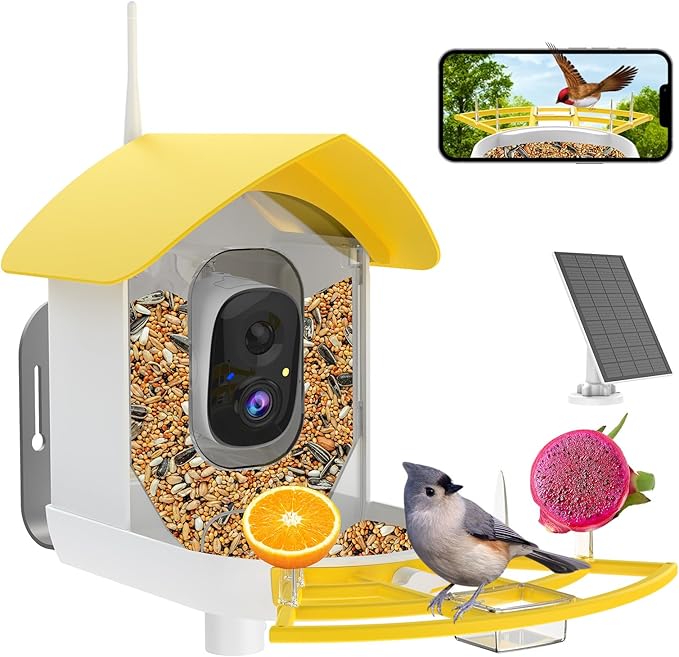 Smart Bird Feeder with Camera, AI Identify Birds Breed, Solar-Powered WiFi FHD 2K Live Camera, Auto Capture Backyard Garden Bird Watching, Motion Detection, Cloud and SD Card Storage,Yellow