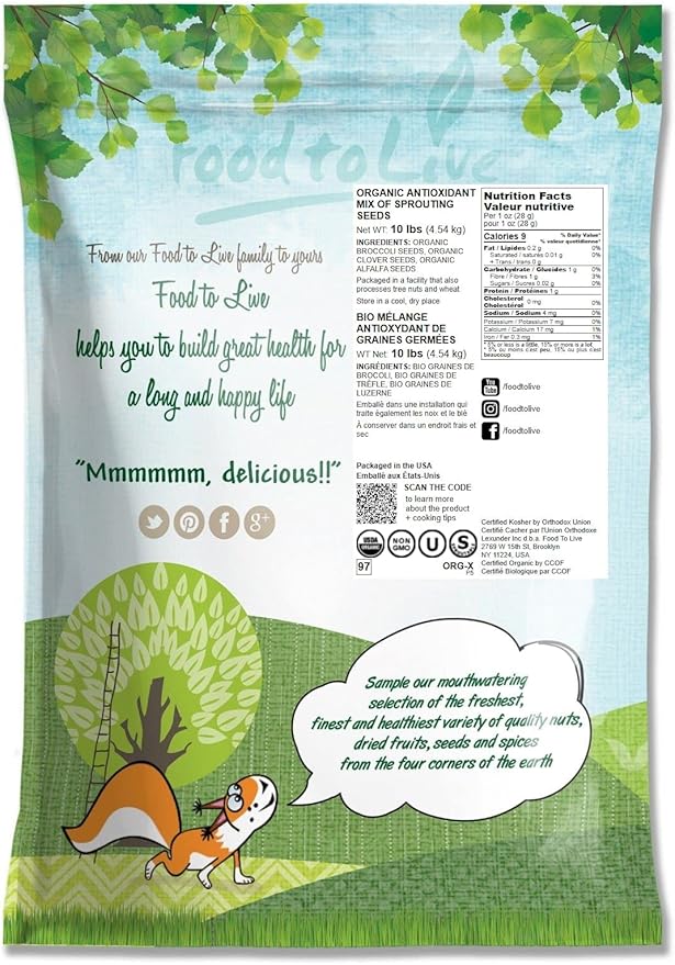 Food to Live - Organic Antioxidant Mix of Sprouting Seeds, 10 Pounds - Non-GMO Broccoli, Alfalfa, Clover, Rich Germination Rate, Non-Irradiated, Kosher