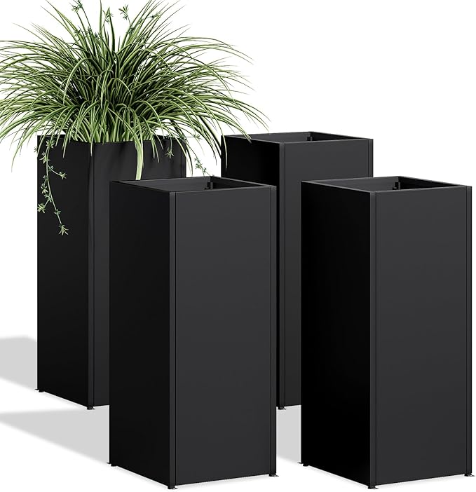 Set of 4 Planter Box Outdoor 30" H x 14.4" W x 13.6" D- Tall Planters for Outdoor Patio/Porch, All-Weather with Anti-Dumping Kit, Durable Galvanized Steel, Modern Design for Plants, Flower