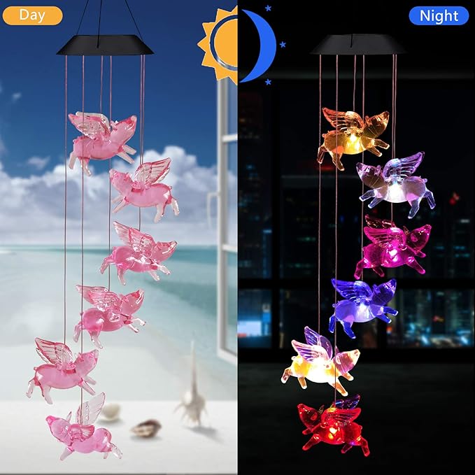 Solar Flying Pigs Wind Chimes Outdoor - Waterproof Solar Powered LED Changing Light Color Fly Pigs Mobile Romantic Wind-Bell for Home,Balcony,Party,Festival,Night Garden Decoration(Blackboard)