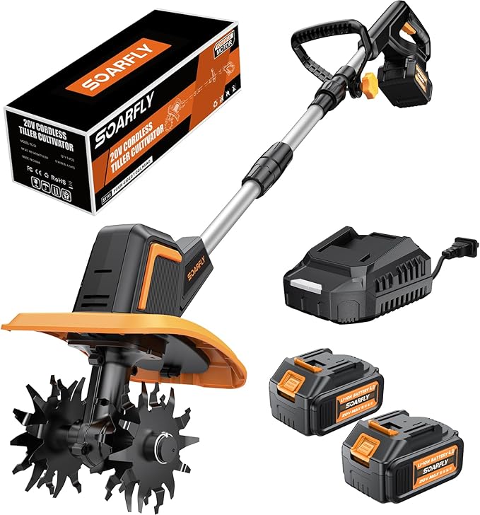 Upgraded Cordless Tiller for Gardening with 8.0Ah (2ร4.0Ah Batteries), 48 Steel Tines Battery Rototiller, 9" Width 6.6" Depth Garden Tiller Cultivator for Soil, Tending & Composting (Orange)