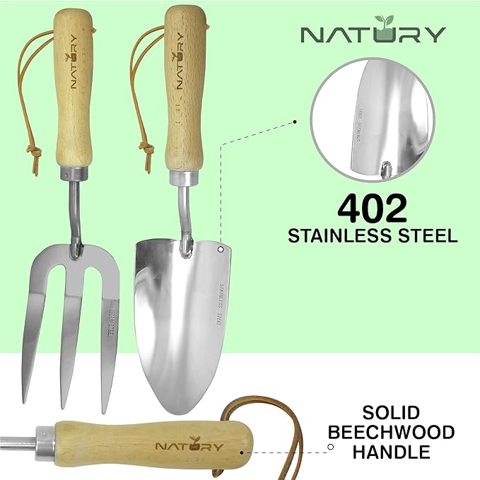 Garden Tools Set โ Premium Stainless Steel Gardening Hand Tools with Solid Beechwood Handle โ Gardening Kit with Rake, Shovel, Gloves, Shears, Tool Organizer โ Garden Gifts for Women and Men