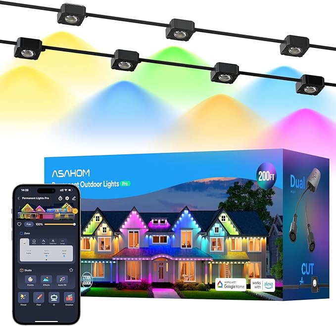 ASAHOM Permanent Outdoor Lights Pro S108D, 200FT with 144 RGBCW LEDs, WLED Integration, AI Lighting, 30000 Lighting Effect Combination, IP67 Waterproof for Halloween Christmas Daily Decor, Black