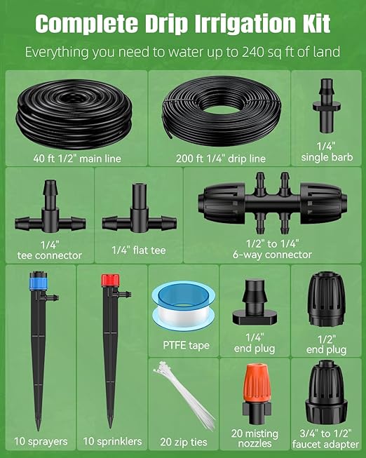 Pawfly 240 ft Drip Irrigation System for Garden, Drip Irrigation Kit with 40ft 1/2" & 200ft 1/4" Tubing Adjustable Emitters Fittings and Accessories, Garden Watering System for Greenhouse Lawn Yard