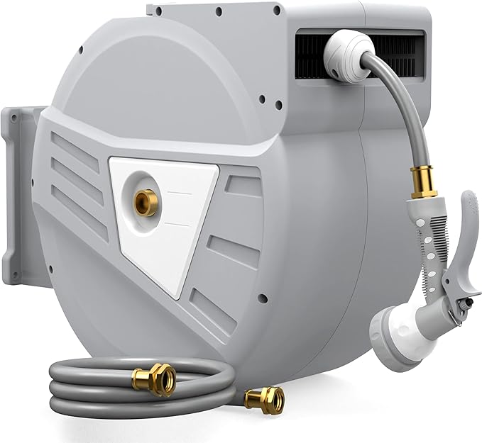 Blütezeit Retractable Garden Hose Reel 5/8'' x 100 ft, Heavy Duty Hose Reel Wall Mount with 3/4''GHT Brass Fitting, Automatic Slow Rewind, Any Length Lock, 180° Swivel, 9 Function Hose Nozzle