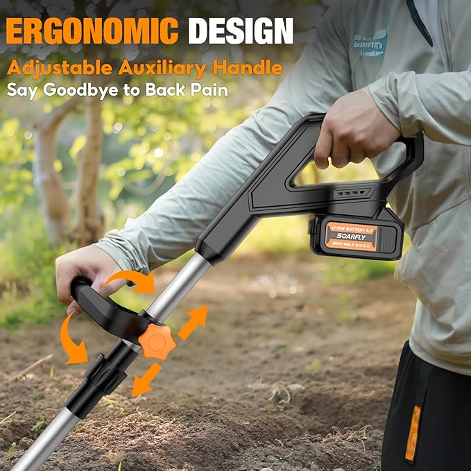 Upgraded Cordless Tiller for Gardening with 8.0Ah (2ร4.0Ah Batteries), 48 Steel Tines Battery Rototiller, 9" Width 6.6" Depth Garden Tiller Cultivator for Soil, Tending & Composting (Orange)