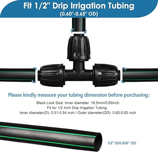 1/2 Inch Drip Irrigation Fittings Kit: 18 Pieces Drip Locked Nut Connectors for 1/2" Drip Irrigation Tubing (1/2" ID x0.6-0.65" OD) Couplings Tees Elbows Plugs Valves Reducing Tees