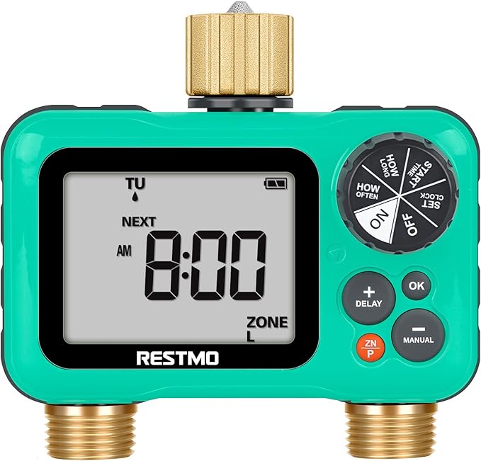 RESTMO Sprinkler Timer with Brass Inlet & Outlet, 3 Separate Programs Water Timer for Garden Hose, Manual/Rain Delay/Automatic Watering for Drip Irrigation and Lawn, 2 Outlet