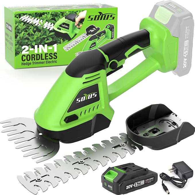 SOYUS Hedge Trimmer Cordless, 2-in-1 Handheld Hedge Trimmers, 20V Electric Grass Shear & Shrubbery Trimmer, Battery Operated Grass Cutter for Garden/Lawn with Charger and Battery