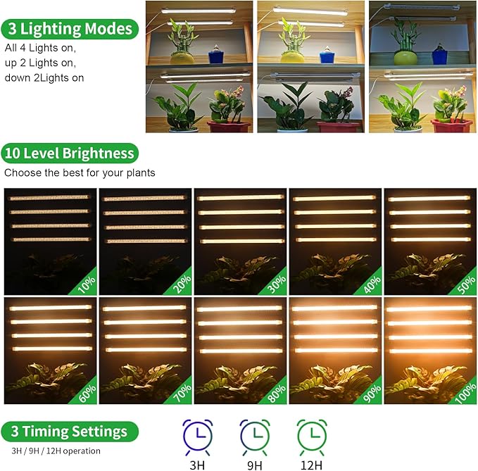 LED Plant Growing lamp Strips, Full Spectrum 3500K Grow Light for Indoor Plants with 3/9/12H Timer and 10 Dimmable Levels for Green House Hydroponics Succulent,4 Head 13 Inches