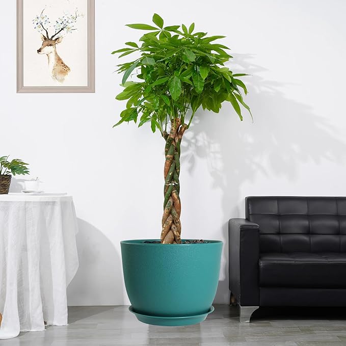 12inch Large Plant Pot, Modern Plastic Planter with High Driange Holes and Saucer for Indoor Outdoor Garden Plants and Flowers, Black with Green Speckles