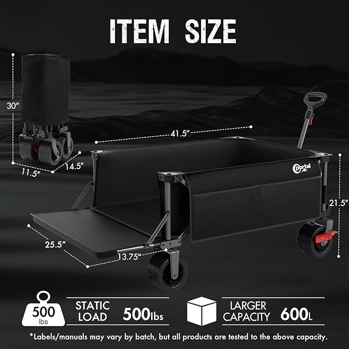 Portal 26" Extra Wide 55" Long Foldable Wagon with Tailgate, Large 600L Collapsible Wagon with Cargo Net, 500 LBs Heavy Duty Utility Cart with Big All-Terrain Wheels for Beach, Camping, Sports, Dogs