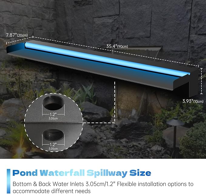 Pool Waterfall Spillway Stainless Steel Pond Fountain, APP Control Colorful LED Lighted Outdoor Black Fountains, Water Flow Spillways Kit for Koi Pond, Swimming Pool, Garden-35.4"x7.8"x3.9"