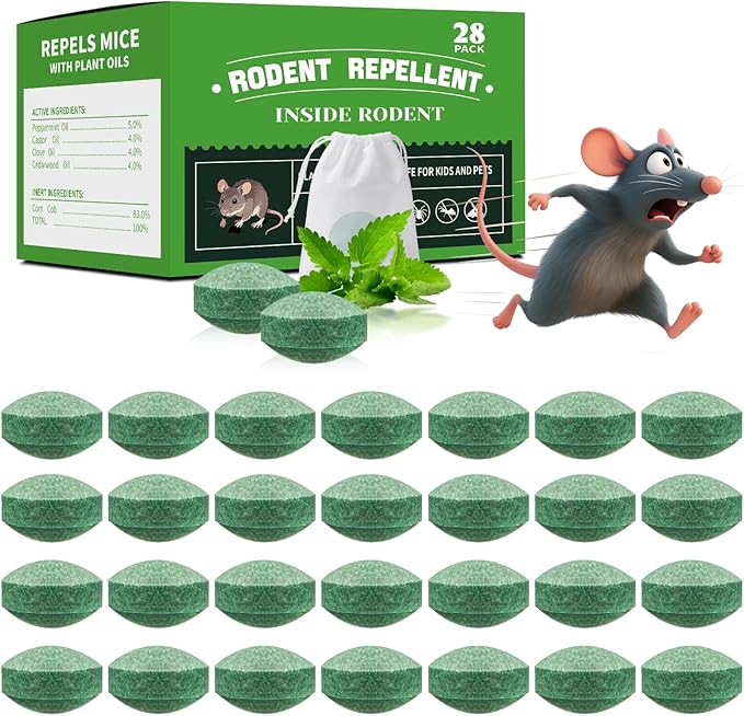 28-Pack Mouse Rodent Repellent for Indoor and Outdoor, Natural Deterrent for Kitchen, Warehouse, Garden Camper, Yard, Car, Garage and RV, Safe for Pets and Family