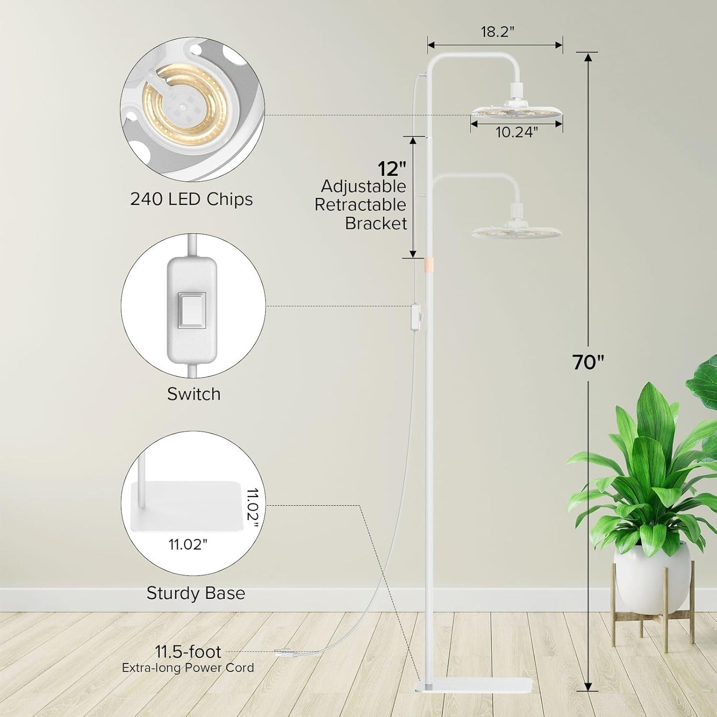 SANSI Grow Lights for Indoor Plants, 100W Full Spectrum Tall Plant Lights for Indoor Growing, 47"-70" Standing Grow Light with Remote Control 5 Level Dimmable 10200LM 8/12/14H Auto On/Off Timer