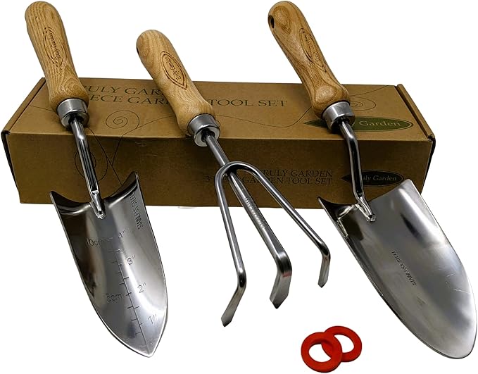 Classic 3-Piece Garden Tool Set - Durable Stainless Steel with Wood Handles. Trowel, Rake & Transplanter for Easy Digging, Weeding & Planting - by Truly Garden