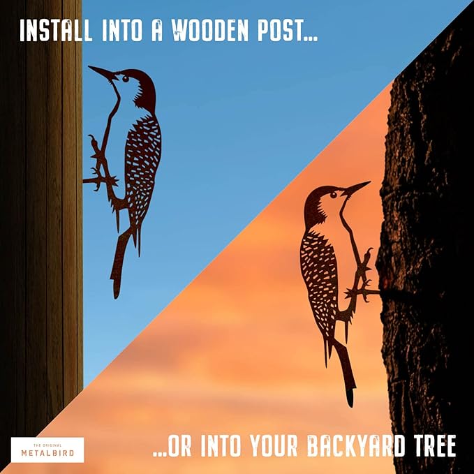 METALBIRD - Woodpecker - Outdoor Tree Ornaments in Corten Steel - Metal Art Proudly Made in The USA