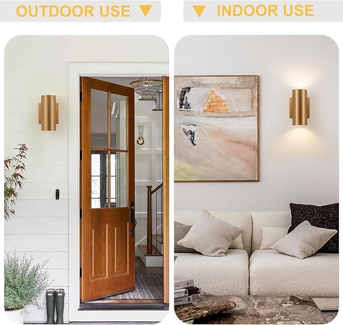 Modern Outdoor Wall Light 2 Packs Up and Down Lights, 7" Gold Exterior Light Fixture for House Porch Patio Garage