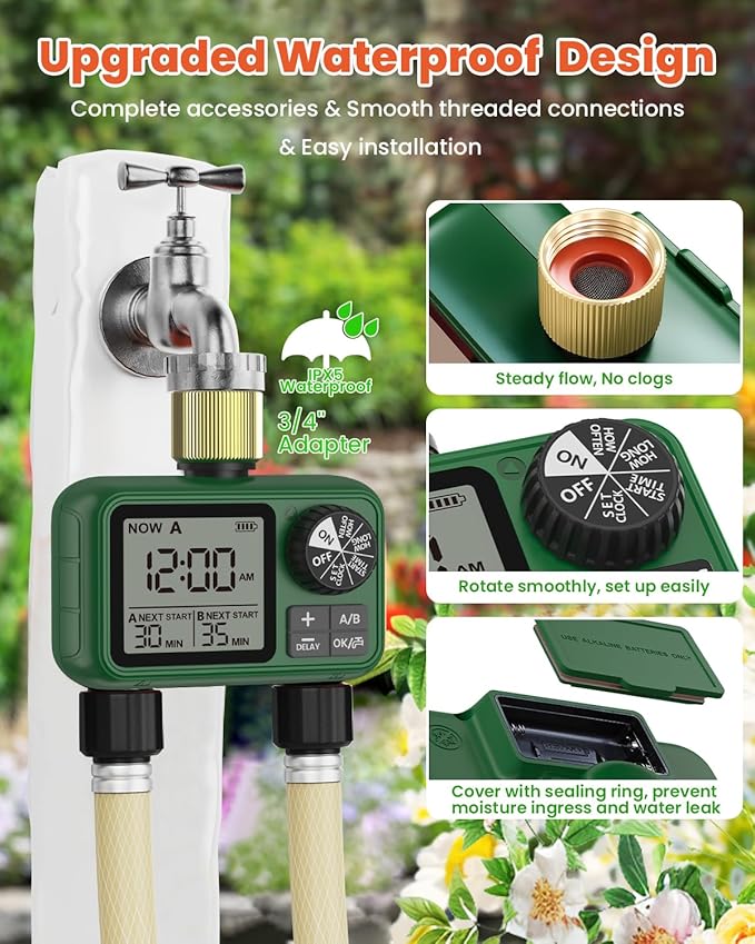 2 Outlet Sprinkler Timer Brass, XinFuture Programmable Water Sprinkler Controller for Yard, Lawn & Greenhouse, Automatic/Manual/Rain Delay Mode, Compatible with Drip Irrigation Systems