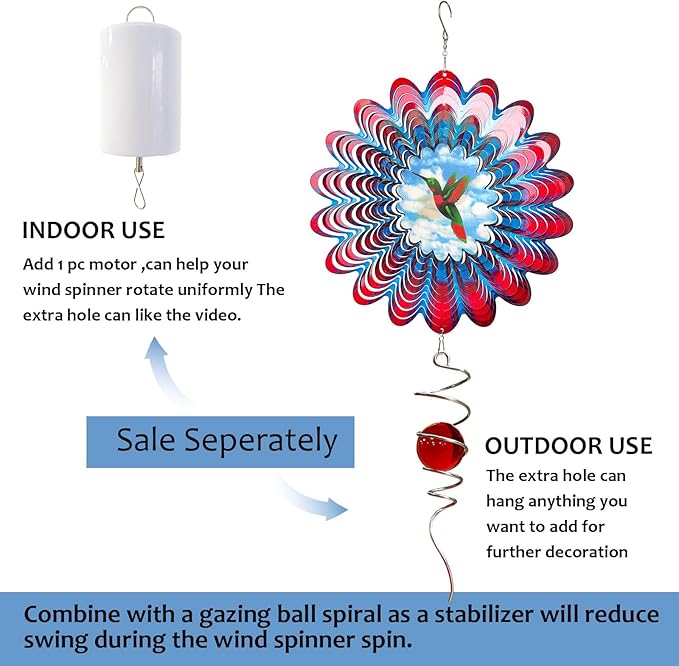 Hummingbird Animated Wind Spinner - 12In 3D Kinetic Hanging Sculpture, Creates Flying Hummingbird Animation Effect | Outdoor Garden Yard Decor, Unique Gift for Mom/Dad/Women/Men & Christmas