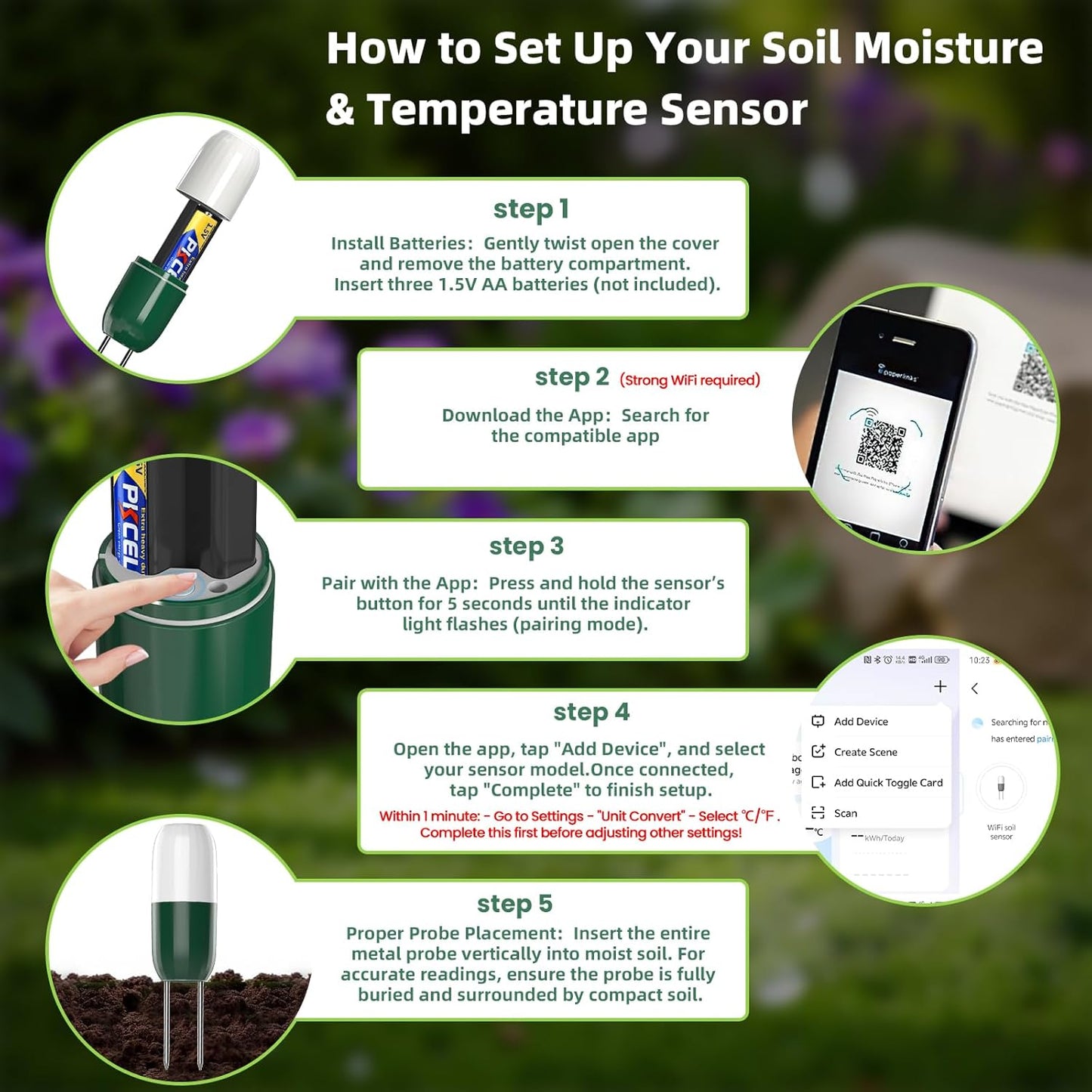 Smart WiFi Soil Moisture & Temperature Sensor - Hub-Free Soil Meters for Lawn, Garden, Greenhouse, Real-Time App Alerts, IP67 Waterproof, Works with Automatic Watering Systems,Gardening Gift