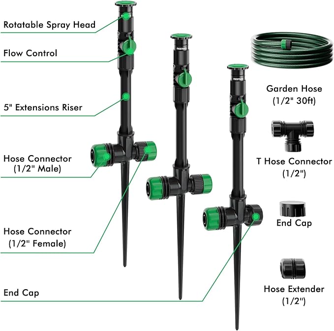RESTMO Flexible Sprinkler System with Metal Spike Base, Above Ground DIY Irrigation Kit, Multi-Adjustable Lawn Sprinkler Set, Ideal for Plant and Flower Bed Watering, 30ft Garden Hose Included