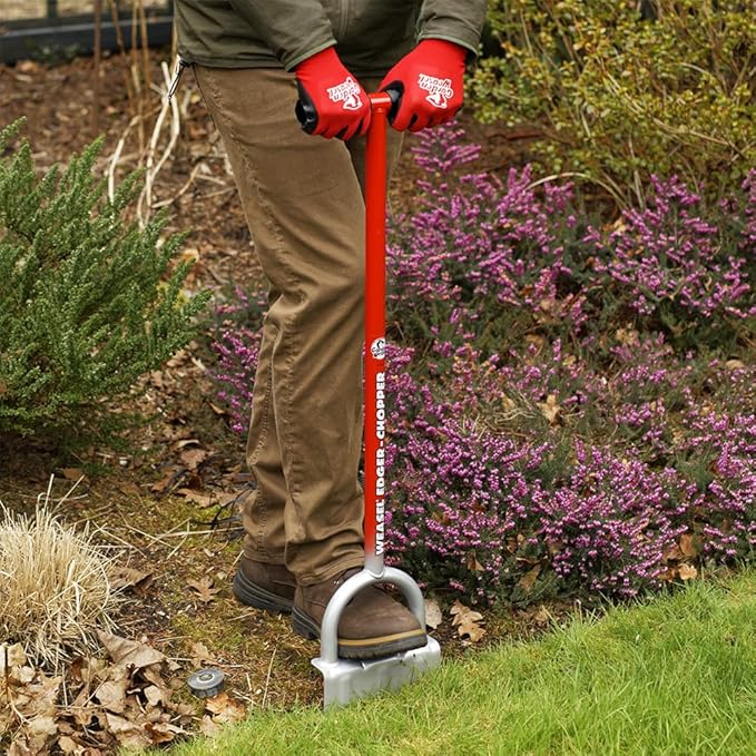 GARDEN WEASEL Edger-Chopper – Black Grip | Manual Lawn Edger Tool for Garden Beds, Sidewalks, Patios & Landscaping | T-Handle, Half Moon Blade | 91716-A