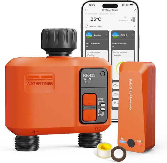 WiFi Water Timer for Garden Hose with 984 ft Range,Smart 2- Zone Sprinkler Timer, APP & Remote Control, Voice Control,Rain Delay, Manual Mode Sprinkler System, Lawn Sprinklers for Yard Large Area