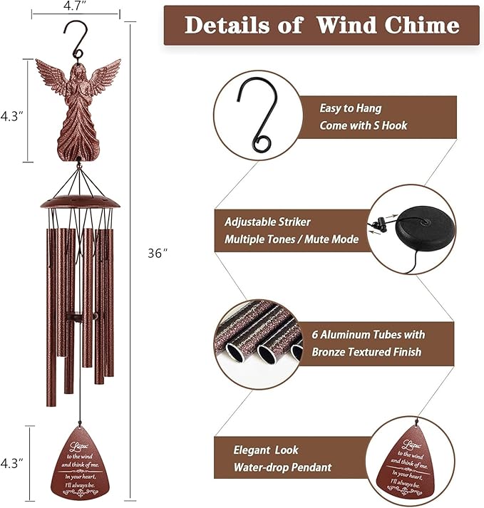 Angel Memorial Wind Chime, Memorial Sympathy Gifts for Loss of Love One, Bereavement Condolence Remembrance Gift for Loss of Mom Dad