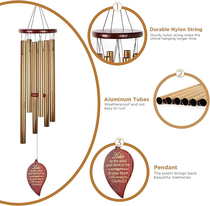 Golden Wind Chimes for Outside Deep Tone Aluminium Windchimes Outdoors Memorial Wind Chime for Loss of Loved One Mom Bereavement Memorial Gifts Sympathy Wind Chimes Patio Decor Grief Gifts for Women
