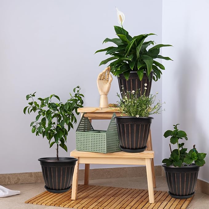 FGstyle 12 Inch Pots for Plants,4 Pack Tall Planters,Large Flower Pots with Drainage Hole & Saucer,Decorative Outdoor Planter for Planting Medium Large Plants(Black