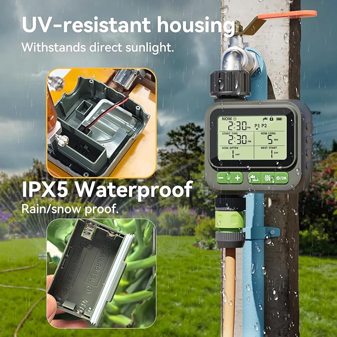 Sprinkler Timer, Programmable Water Timer for Garden Hose, Outdoor Hose Faucet Timed with 4 Plans/Rain Delay/Automatic Watering System, Digital Irrigation for Yard, Lawn, 1 Outlet with 2-Way Splitter
