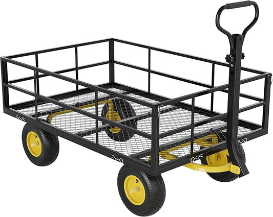 3-in-1 Heavy-Duty Steel Garden Cart, 1200 Lbs Garden Wagon, with 13 Inch All-Terrain Tires and Removable Mesh Side Panels, 180° Rotating Handle, Metal Multi-Function Carts, Outdoor Gardens Wagon Cart