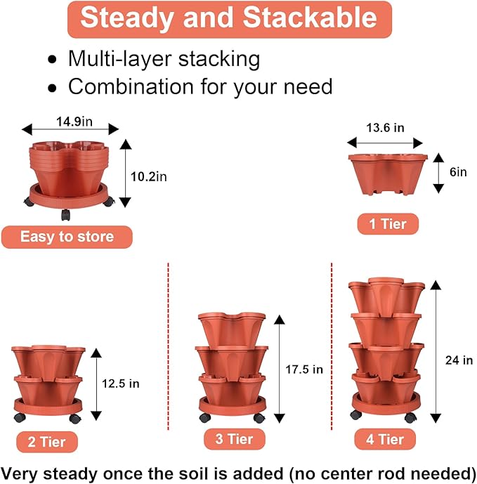 Vertical Planter 4 Tier Stackable Planters Garden Planters Strawberry Herb Flower and Vegetable Planter Indoor Outdoor Gardening Pots with Removable Wheels and Tools