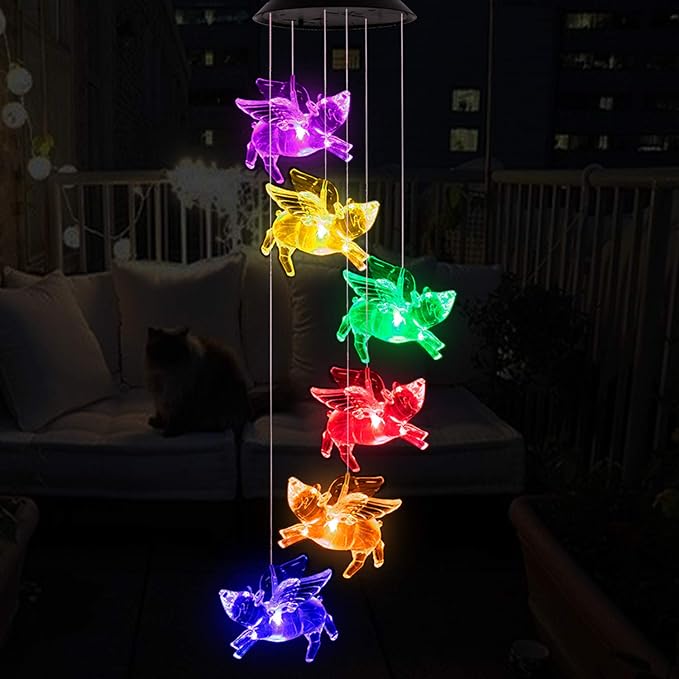 Color Changing LED Pigs Fly Wind Chimes Gift Portable Waterproof Mobile Romantic Fly Pigs Windchime, LED Solar Pig Wind Chime Lights Gift for Mom, Festival, Patio, Garden, Outdoor Decor(Black lid)