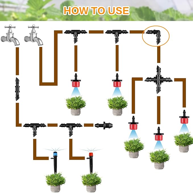 Drip Irrigation Elbow Fittings:50 Pieces Barbed Elbow Irrigation Parts with Sharp End Fits for 1/4 Inch Irrigation Tubing Drip Line Elbow Connectors for Garden Lawn Irrigation System