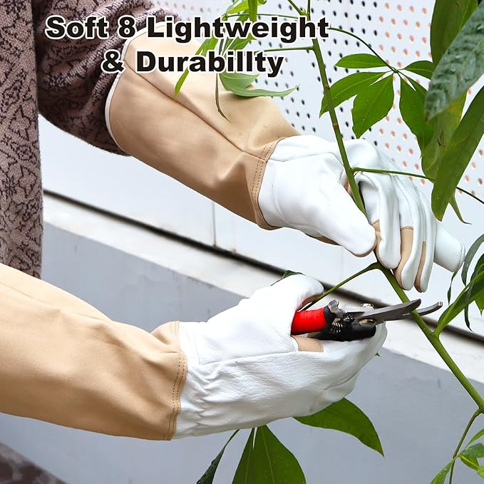 Long Gardening Gloves Men & Women Breathable Cowhide Leather Rose Pruning Thorn Proof Durable Heavy Duty